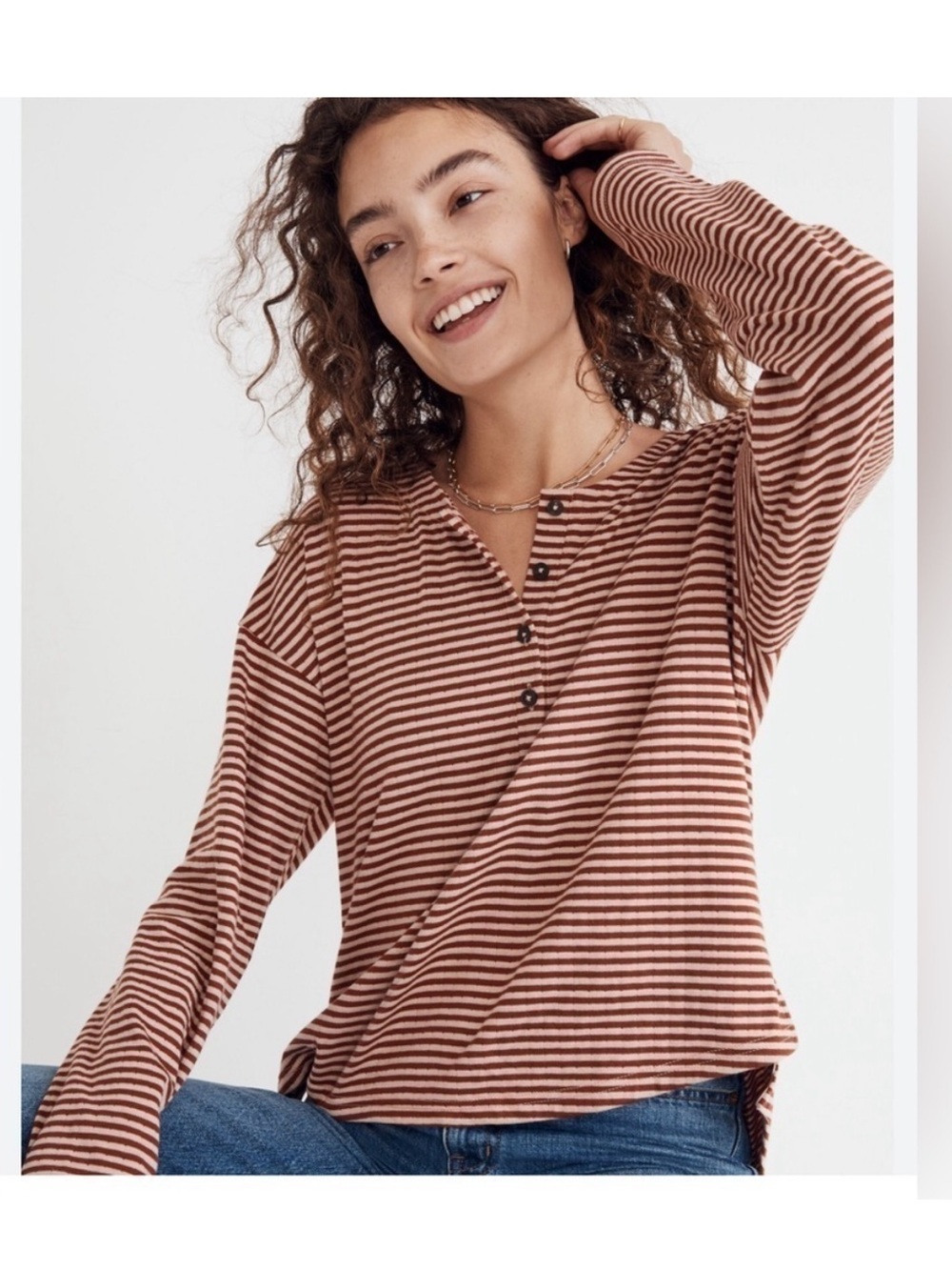Madewell Dusty Redwood Long Sleeve Double-Faced Striped Henley Tee Top Small